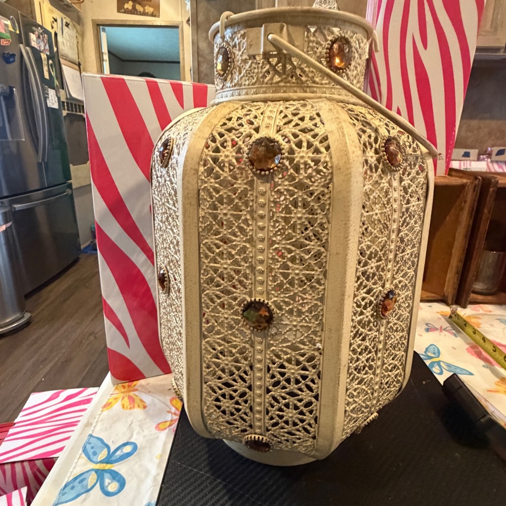 Pink Zebra Cream Moroccan Filigree Metal Lantern Amber Jewel Accents